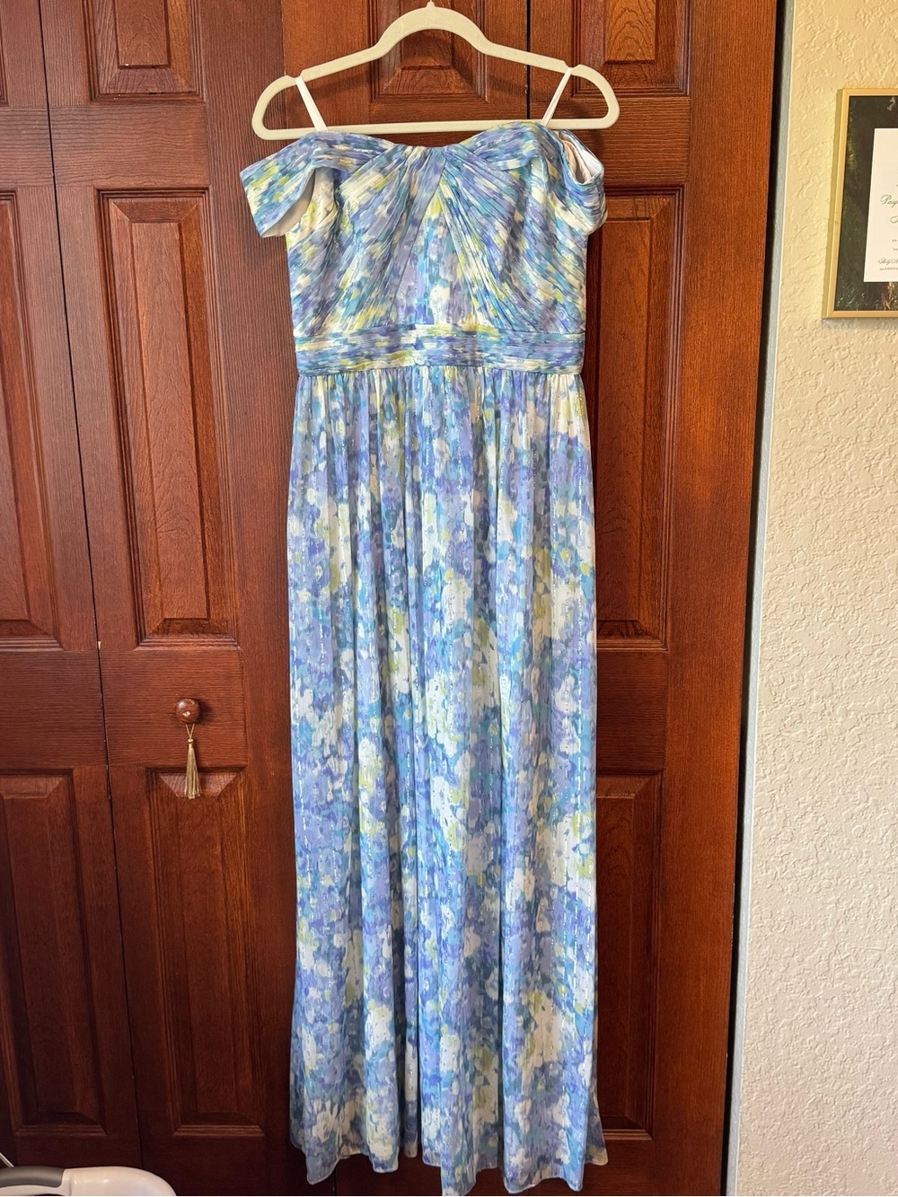 Adrianna Papell Pleated Off the Shoulder Gown